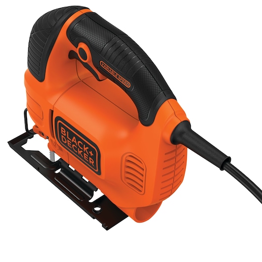Photo of BLACKDECKER KS701E orange and black corded jigsaw, angled view on white background.