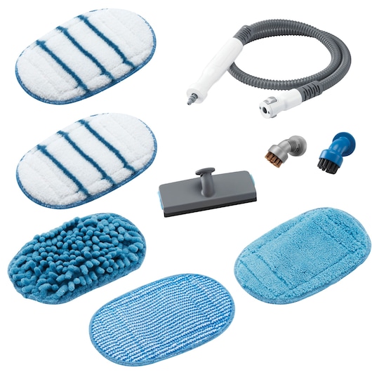 BLACKDECKER FSHSMA cleaning accessory kit with various blue and white pads, brushes, hose, and flat attachment, top view.