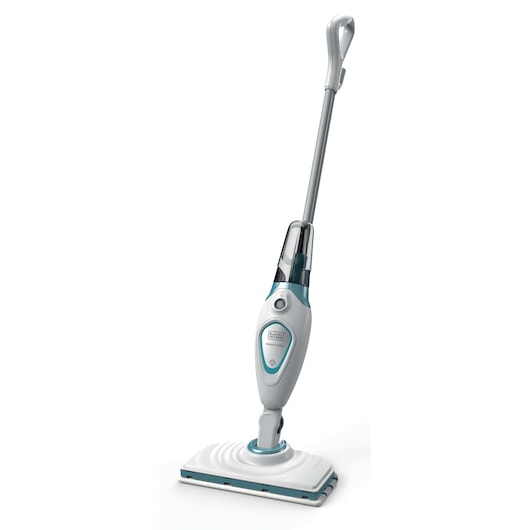 BLACKDECKER FSM1605 steam mop, white and teal, upright angle on white background.