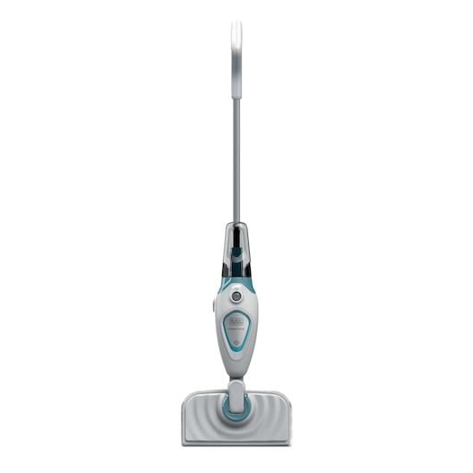 BLACKDECKER FSM1605 steam mop front angle, white and blue, upright on white background.
