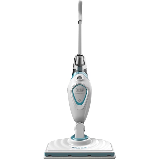BLACKDECKER FSM1605 steam mop, white and blue, upright front view, household cleaning appliance.