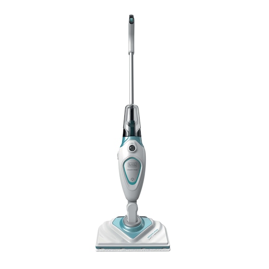 BLACKDECKER FSM1616 steam mop with white and teal accents, front view on white background.
