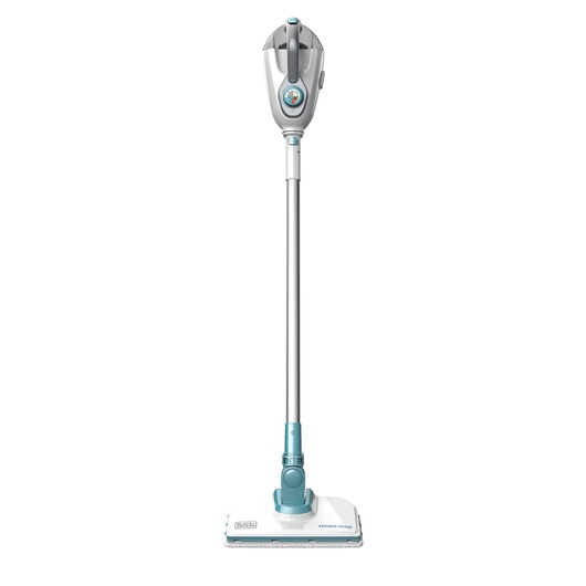 BLACKDECKER FSMH1300FX steam mop, upright view, white and blue, household cleaning tool.