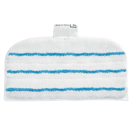 BLACKDECKER FSMH1300FX steam mop pad with white surface and blue stripes, front angle, photography.