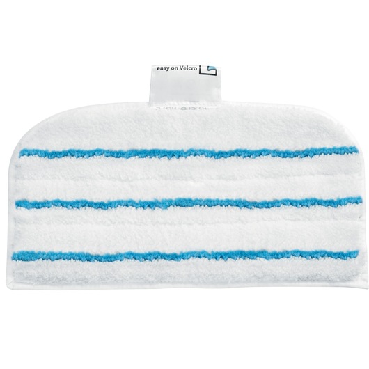 BLACKDECKER FSMH1321 white mop pad with blue stripes, photographed from front on white background.