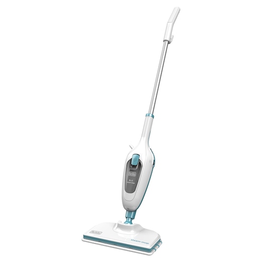 BLACK+DECKER FSMH13E5 steam mop, white and blue, upright angle on white background.