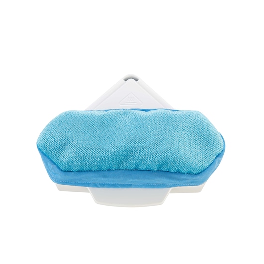 A close-up of a triangular cleaning pad attachment with a blue microfiber cloth, designed for use with a steam mop.