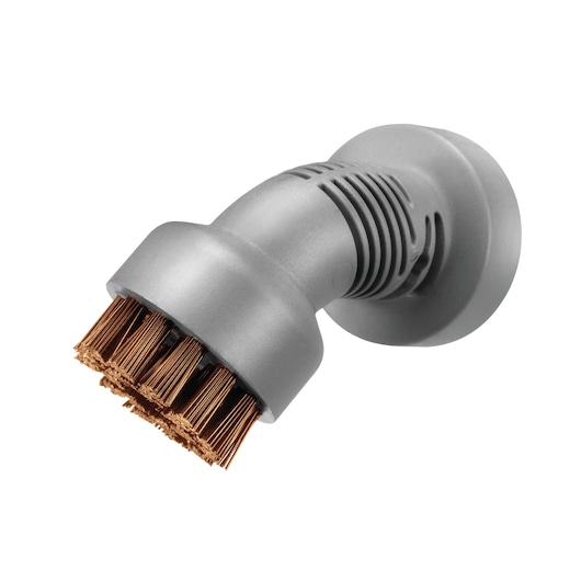 A close-up image of a grey BLACK+DECKER steam cleaner accessory with metal bristles. The attachment is designed for scrubbing tough surfaces.