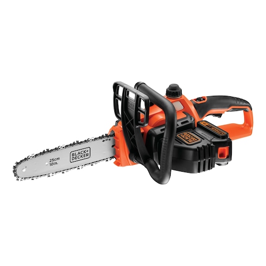 A BLACK+DECKER cordless chainsaw with an orange and black design, featuring a 25cm (10 inch) blade and ergonomic handle.