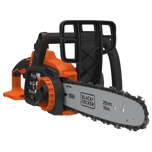 BLACK+DECKER GKC1825LB cordless chainsaw, orange and black, 25cm blade, side angle on white background.