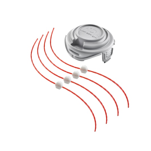 A grey replacement trimmer head with four red trimmer lines and four white line spacers, displayed on a white background.