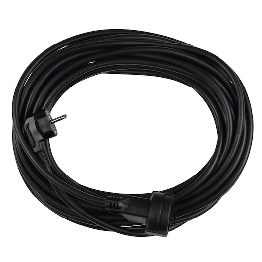 A coiled black extension cord with a European plug and socket.
