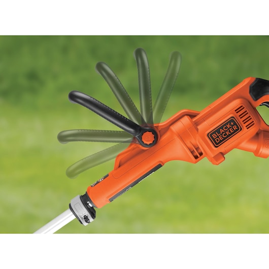 BLACK+DECKER GL7033 orange grass trimmer with adjustable auxiliary handle, side view on white background.