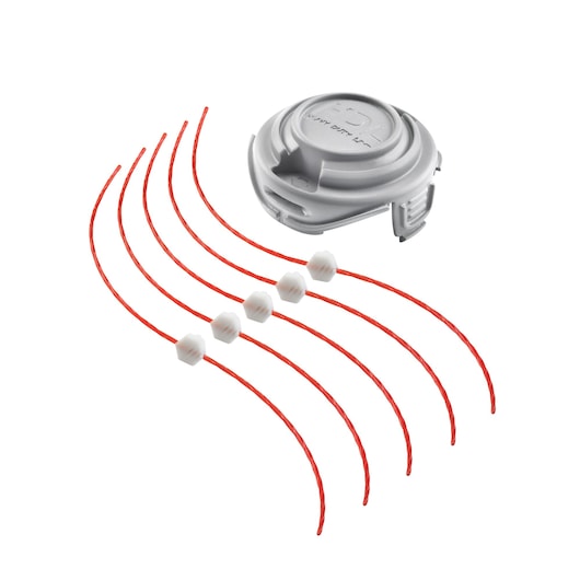 A set of replacement accessories for a grass trimmer, including a grey spool cap and five red cutting lines with white connectors, arranged on a white background.