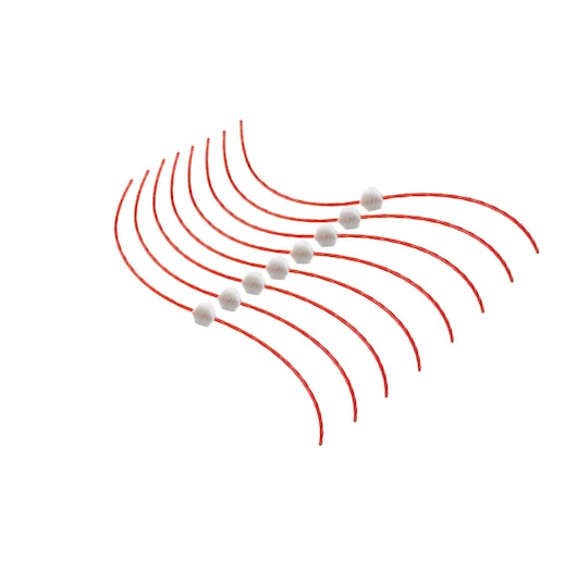 Nine red curved nylon replacement cutting lines with white plastic connectors, arranged in parallel on a white background. These are likely spare parts for a grass trimmer or brush cutter.