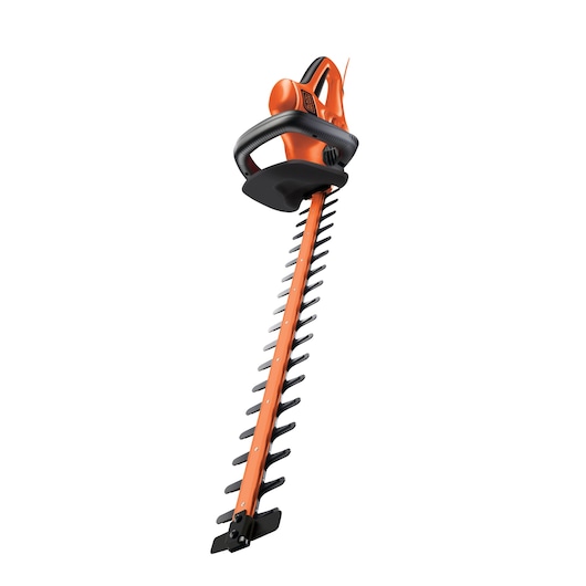 An electric hedge trimmer in orange and black, featuring a long blade with dual-action teeth, a front handle for control, and a safety guard. The product is shown against a white background.