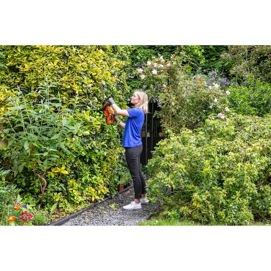 Person trimming garden hedge with BLACKDECKER GTC1845B cordless hedge trimmer, surrounded by green foliage.