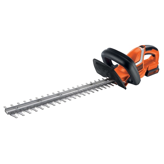 A cordless hedge trimmer with an orange and black handle, featuring a long dual-action blade. The product is from BLACK+DECKER.
