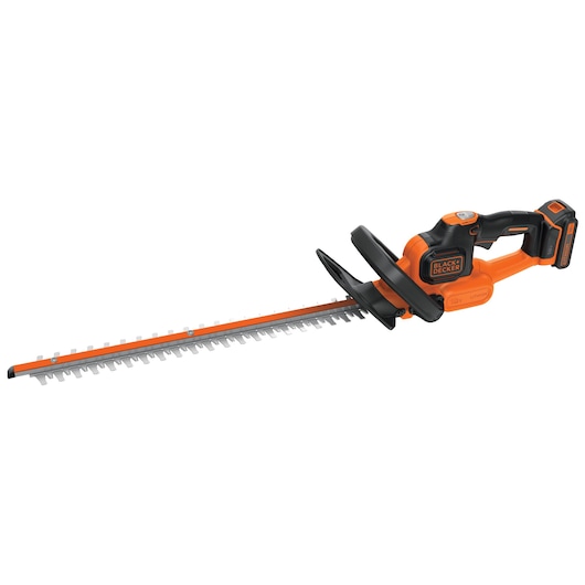Photo of BLACKDECKER GTC18502PC cordless hedge trimmer, orange and black, side angle, on white background.