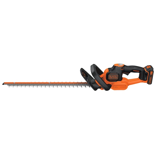 BLACKDECKER GTC18502PC cordless hedge trimmer, orange and black, side view on white background.