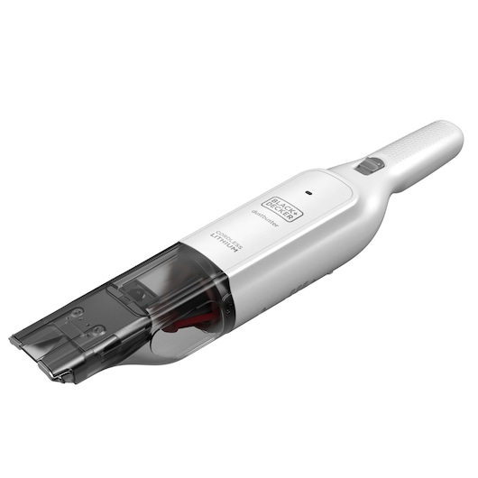 BLACK+DECKER HLVC315B11 white cordless handheld vacuum cleaner, transparent dust bin, side angle on white background.
