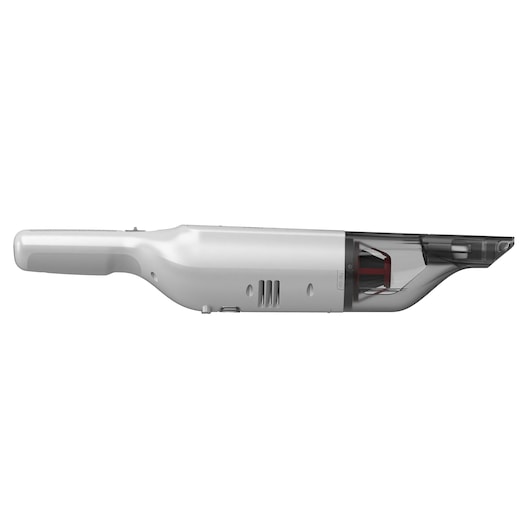 BLACK+DECKER HLVC315B11 handheld vacuum cleaner, side view, white body with transparent dustbin.
