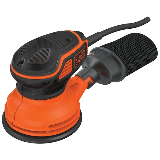 A BLACK+DECKER KA199 electric random orbital sander with a black and orange design, featuring a dust collection bag attached to the back.