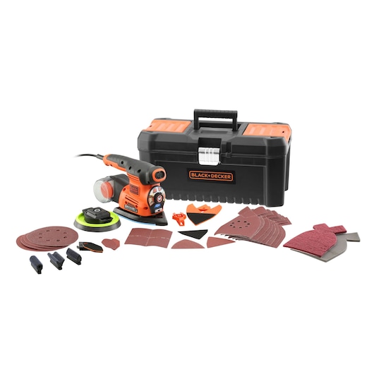 A BLACK+DECKER multi-purpose electric sander set, including an orange and black sander, a black carrying case, various sanding pads, sanding accessories, and attachments, all arranged on a white background.