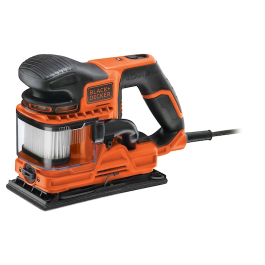 A BLACK+DECKER electric finishing sander with an orange and black design, featuring a dust collection container and a corded handle.