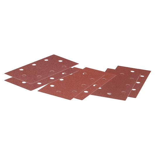 BLACKDECKER KA330E rectangular sanding sheets with punched holes, brown, shown from angle on white background.