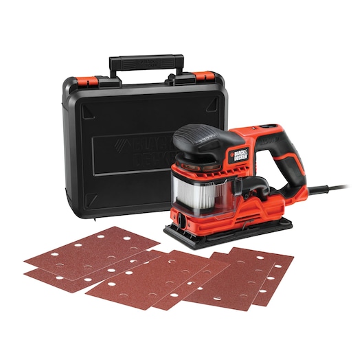 BLACK+DECKER KA330E corded electric sander with black case and six sanding sheets, side angle on white background.