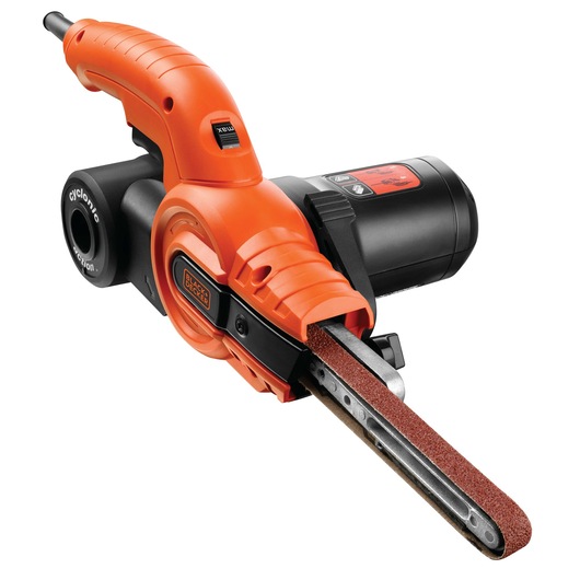 A BLACK+DECKER KA900E power tool, featuring an orange and black design with a slim sanding belt attachment, used for precision sanding and material removal.
