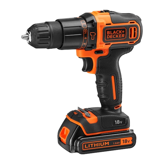 A BLACK+DECKER cordless power drill with an 18V lithium battery and ergonomic black and orange handle, shown on a white background.
