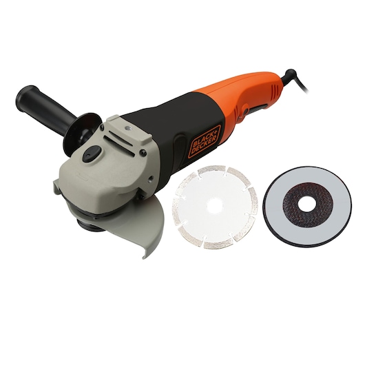 A BLACK+DECKER angle grinder with an orange and black handle, shown with two grinding or cutting discs placed beside it on a white background.