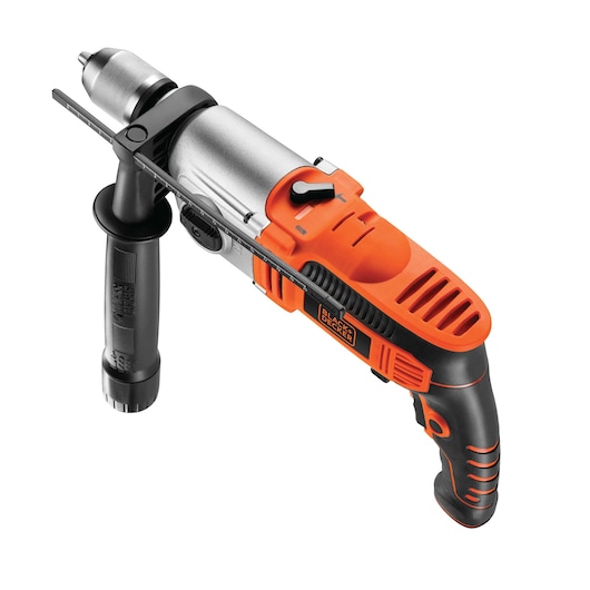 BLACK+DECKER KR1102K electric drill with a pistol grip, orange and black body, side handle, and metal chuck, displayed on a white background.