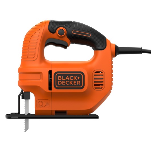 Side view of an orange BLACK+DECKER electric jigsaw with a black handle and cord, showing the blade and ergonomic grip design.