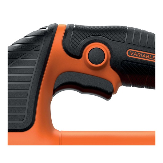 Close-up of BLACKDECKER KS701EK jigsaw handle showing black and orange grip with variable speed button, side angle.