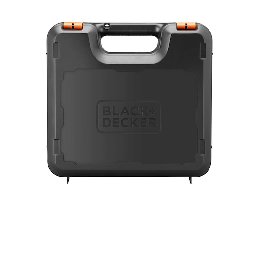 Front view of BLACK+DECKER KS701EK black hard plastic carrying case with handle and orange latches.