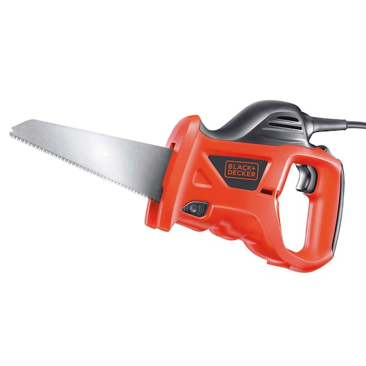 Photo of BLACK+DECKER KS880EC electric saw, red and black, side view on white background.