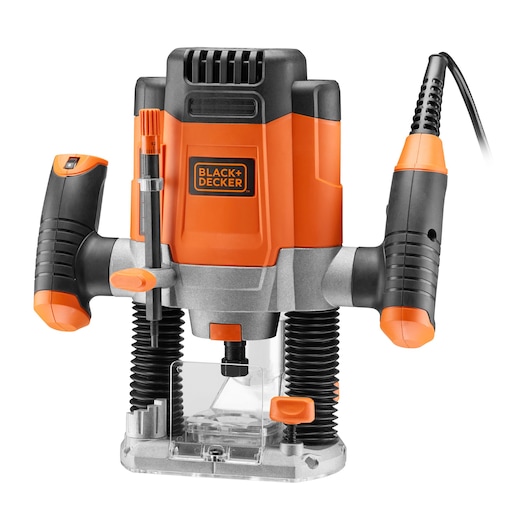 A BLACK+DECKER electric wood router with dual handles, orange and black body, and a transparent base, shown against a white background.