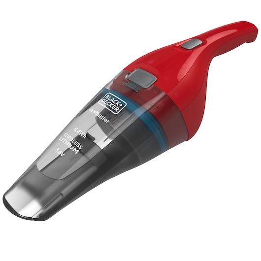 A BLACK+DECKER handheld vacuum cleaner with a red handle and transparent dust container, labeled as a cordless lithium device with 3.6V power.