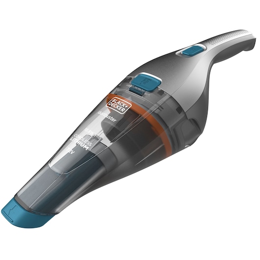 A BLACK+DECKER handheld cordless vacuum cleaner with a transparent dust container and blue and grey design, suitable for quick cleaning tasks.