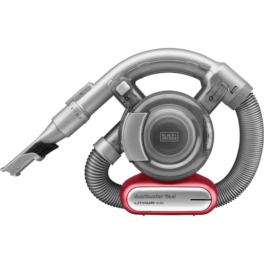 A BLACK+DECKER Dustbuster Flexi handheld vacuum cleaner with a flexible hose and brush attachment, featuring a grey and red design. The product is labeled 'dustbuster flexi lithium 10.8V'.