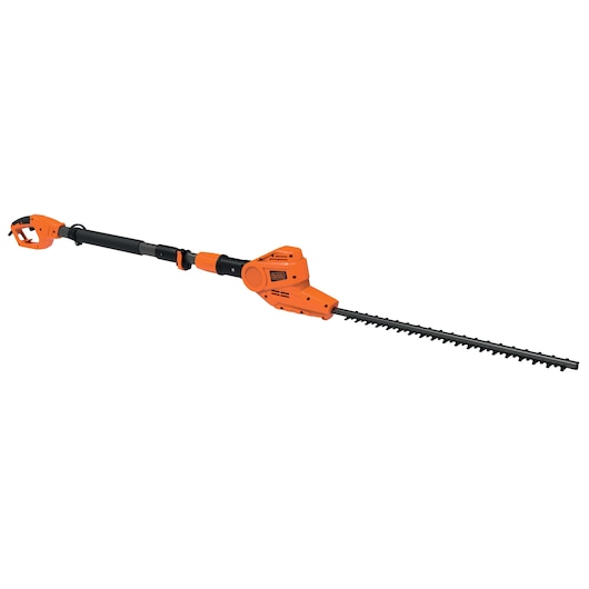 BLACKDECKER PH5551 pole hedge trimmer, orange and black, side angle on white background.