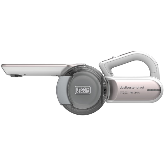 A BLACK+DECKER Dustbuster Pivot cordless handheld vacuum cleaner with a pivoting nozzle, shown in a side view. The device is compact and modern, featuring the brand name and product specifications on its body.