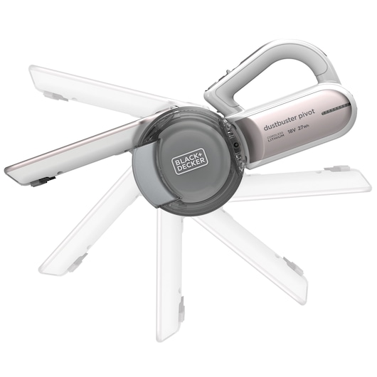 A BLACK+DECKER Dustbuster Pivot cordless handheld vacuum cleaner is shown, highlighting its adjustable pivoting nozzle. The product is displayed with multiple nozzle positions to demonstrate its flexibility and modern design.