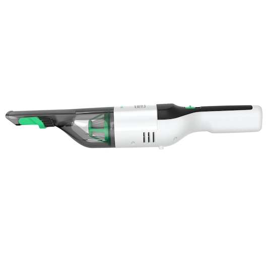 BLACKDECKER REVHV8C handheld vacuum cleaner, side view, white and black with green accents, photography