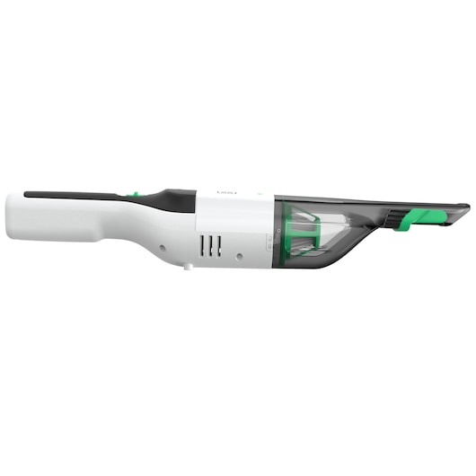 BLACKDECKER REVHV8C handheld vacuum cleaner, side view, with white handle and transparent dust container with green accents.