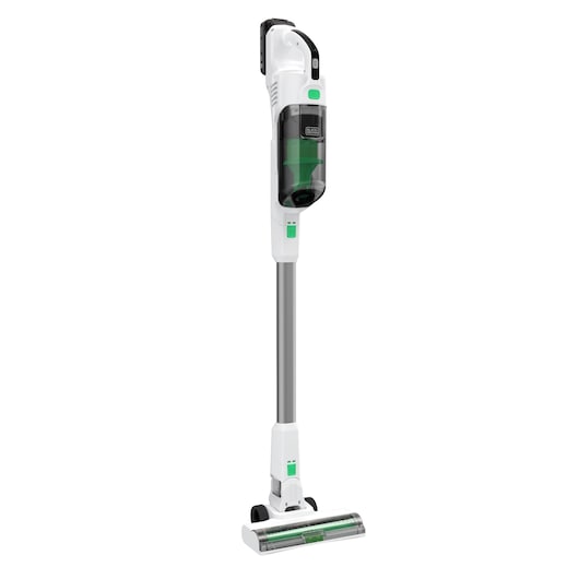 A BLACK+DECKER REVSV18D1 cordless stick vacuum cleaner with a white and green design, featuring a transparent dust container and a slim upright shape.