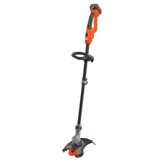 A BLACK+DECKER cordless string trimmer with an orange and black body, designed for lawn and garden maintenance.